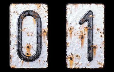 3D render set of numbers 0, 1 made of forged metal on the background fragment of a metal surface with cracked rust.
