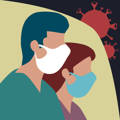 Couples wear surgical face mask to protect themself from corona virus. 