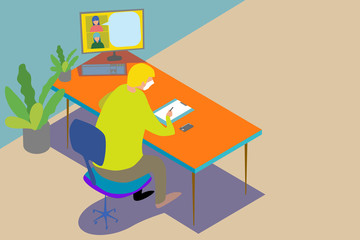 A man is sitting at home for learning online course.