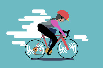 A woman is riding a road bike. she exercises on the bike alone for social distancing.