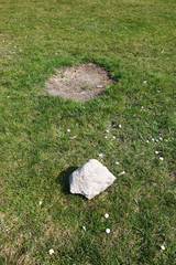 Limestone stone in front of a shaved hole in the lawn
