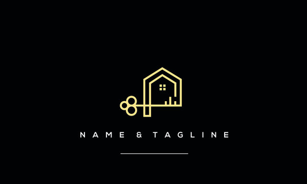 A line art icon logo of a house with a key