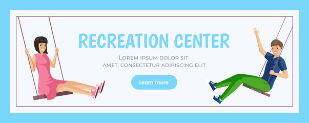 Recreation center vector banner template. Boy and girl swinging flat illustration.