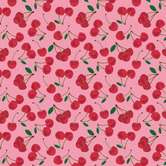 seamless pattern with the red cherries. sweet red rip cherry berries on pink background.