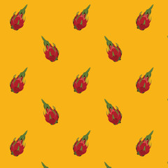 Obraz premium seamless vector pattern with dragon fruit on yellow background. vector design of exotic tropical fruit pitayas.