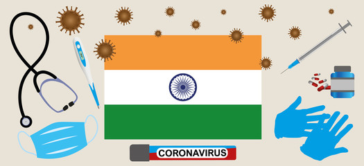 Vector illustration of a coronavirus epidemic in India.Protective mask, gloves, medicines and medical equipment.India flag and coronavirus blood sample.Coronavirus 2019-nCoV.Graphic element.
