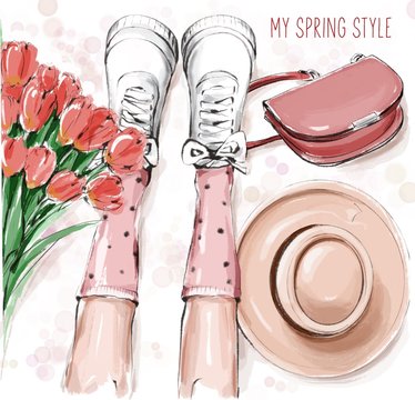 Hand Drawn Cute Flat Lay With Legs, Bag, Flowers And Hat. Spring Style Flat Lay. Beautiful Set. Sketch.