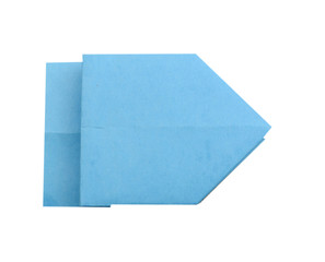 A blue origami paper frog, top down