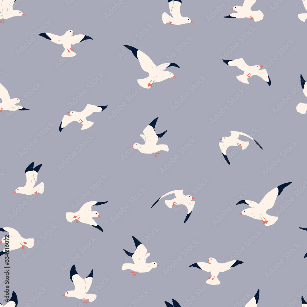 Wall mural Seagulls seamless pattern.  Cute hand drawn pattern for kids on blue background. Cartoon childish seagull for wrapping paper, fabric, textile, wallpaper, home decor