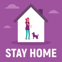 Woman in the house is inside play with the dog. Vector concept with man on quarantine and self isolation play with the dog. Stay home