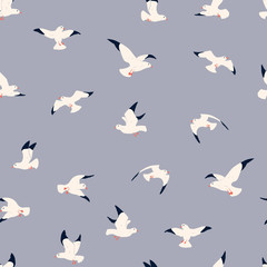 Seagulls seamless pattern.  Cute hand drawn pattern for kids on blue background. Cartoon childish seagull for wrapping paper, fabric, textile, wallpaper, home decor