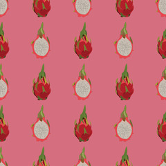 seamless vector pattern with dragon fruit on pink background. vector design of exotic tropical fruit pitayas.