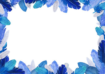 Frame with hand drawn watercolor illustration. Feathers in blue tones.