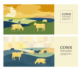 Horizontal backgrounds. Cows in the pasture. Silhouettes of cows. Set of backgrounds.