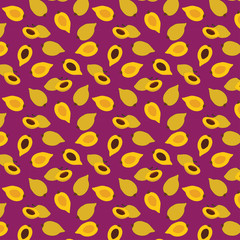 yellow canistel, lucuma or egg fruit with seeds seamless pattern on purple background.