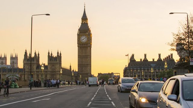 LONDON, UK,  Traffic on Westminster bridge with Big Ben and houses of Parliament, Timelapse, 