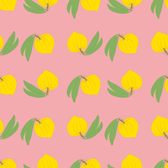 yellow canistel, lucuma or egg fruit seamless pattern on pink background.