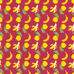 yellow canistel, lucuma or egg fruit and banana seamless pattern on red background.