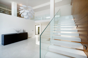 Apartment entrance hall with wooden staircase access to upper floor, design, furniture, home,...