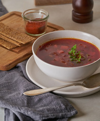 Vegan red soup in white plate