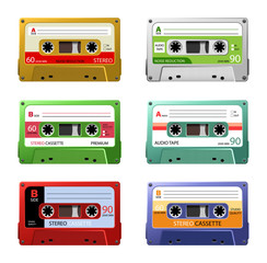 Vintage music cassettes. Retro dj sound tape, 1980s rave party stereo mix. 90s hifi disco dance audiocassette, analogue player record cassette. Isolated symbols vector set