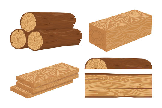 Wood log and trunk, stump and plank. Wooden firewood logs. Woodcutter wood forest material cartoon isolated vector icons set. Timber wood trunk. 