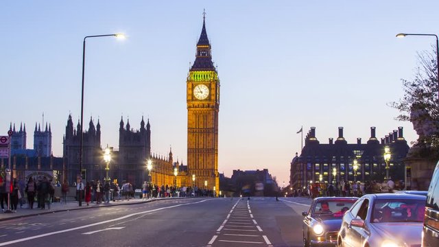 LONDON, UK,  Traffic on Westminster bridge with Big Ben and houses of Parliament, Timelapse, 