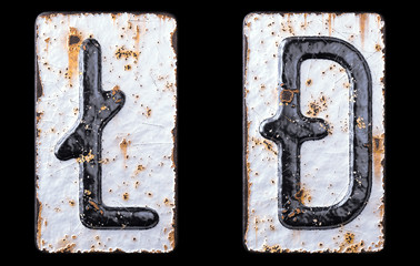 Set of symbols litecoin and dashcoin made of forged metal on the background fragment of a metal surface with cracked rust.
