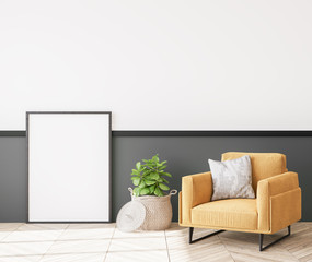 Modern yellow sofa in trendy design. Stylish grey living room. Retro style, home decor. Template