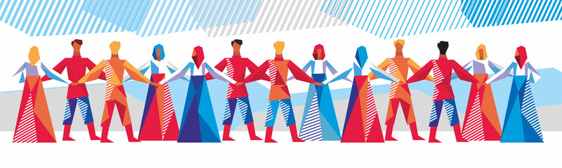 Boys and girls in old Slavic outfits walk in dance. Men and women hold hands and walk in circles