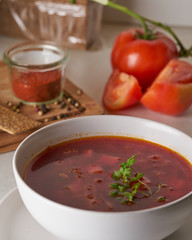 Vegan red soup in white plate