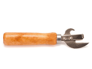 can opener with wooden handle on a white background