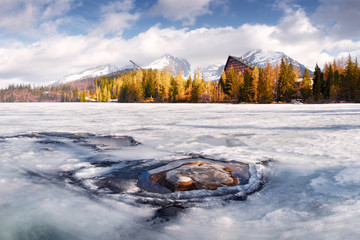 Mountain lake Strbske pleso (Strbske lake) in spring time. High Tatras national park, Slovakia. Landscape photography