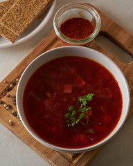 Vegan red soup in white plate