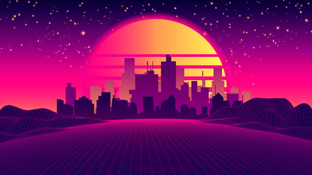 Sci-fi Vector Background, Night City Skyline in the Style of Retro Waves, Synth 80s Design. Futuristic Vector Illustration Geometric Style, Tropical Night Retro 80s Fashion Sci-Fi Background Landscape