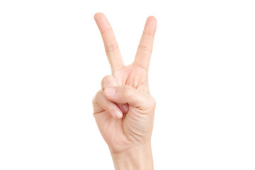 Woman's hand showing the sign of victory and peace close-up isolated on white background.