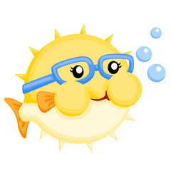 A pufferfish swimming with a swimming google