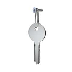 The key with the ring hangs on a screw on a white isolated background