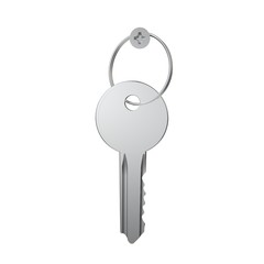 The key with the ring hangs on a screw on a white isolated background