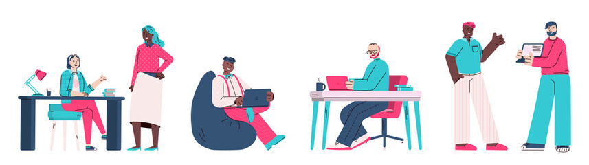 People characters work in coworking place, cartoon vector illustration isolated.