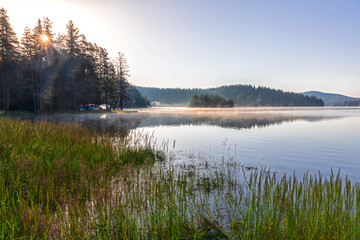 Sunrise at Shiroka polyana dam, West Rhodope mountains, Bulgaria