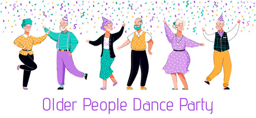 Fototapeta na wymiar Old people dance party - flat banner with cartoon senior couples dancing