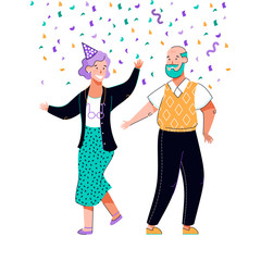 Cartoon old couple celebrating event with confetti and party hat