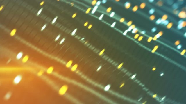 Waving rows of glowing cubes. Futuristic technology or science fiction concept. Seamless loop 3D render animation with DOF