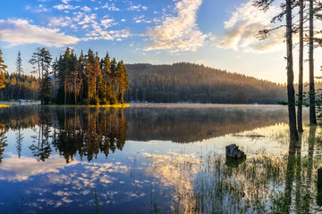 Sunrise at Shiroka polyana dam, West Rhodope mountains, Bulgaria