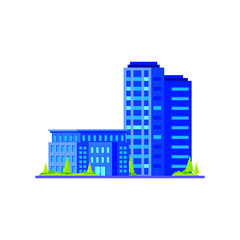 modern skyscrapers vector icon. Blue and purple Urban buildings with plants, trees and landscape. Vector illustration