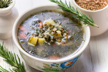 buckwheat vegetable soup with spinach on chicken stock