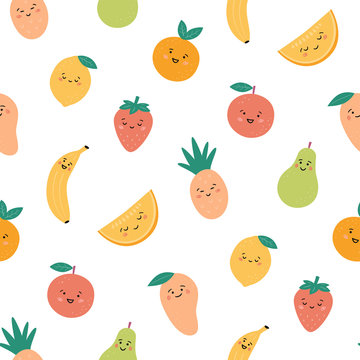 Seamless pattern with funny fruits. Kawaii smiling fruit characters. Hand drawn vector illustration on white background