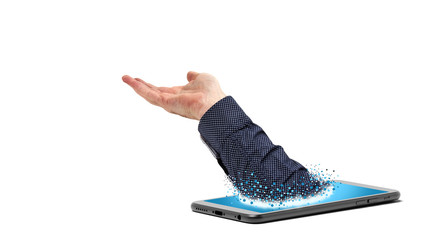 main à plat qui sort d'un téléphone pour présenter un produit ou proposer de l'aide