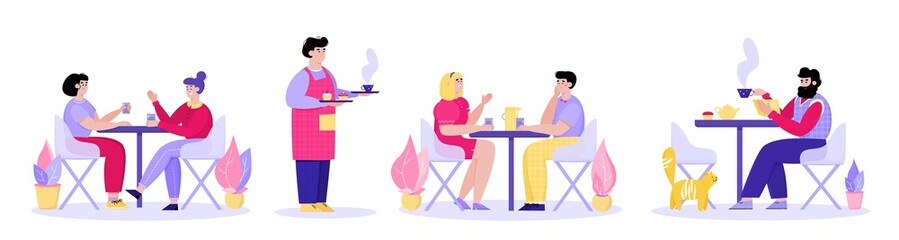People in restaurant or street cafe set, cartoon vector illustration isolated.